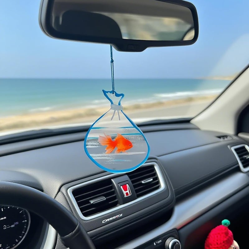HongEast Goldfish in A Bag Car Charm,Cute Goldfish Car Hanging Ornament Pendant,Summer Fish Beach Decor Rear View Mirror Accessories for Women Men - Image 2